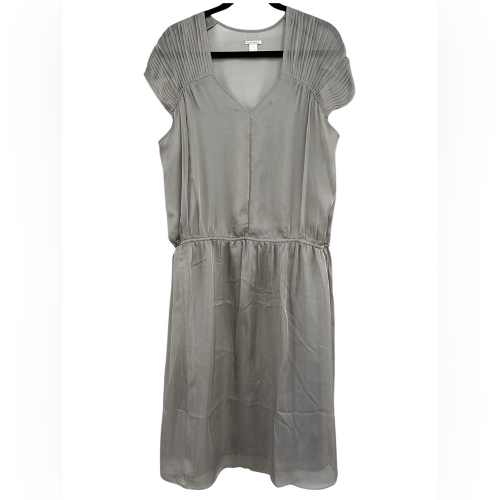 Sundance Womens Sophia 100% Silk Grey Dress Pleated VNeck Drawstring Waist Large
